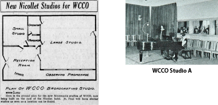 Images of WCCO floor broadcast studio floor plan and Studio A in Nicollet Hotel