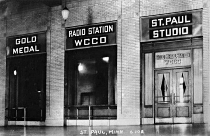 Image of exterior and signage of WCCO's studio in the Nicollet Hotel St. Paul, MN